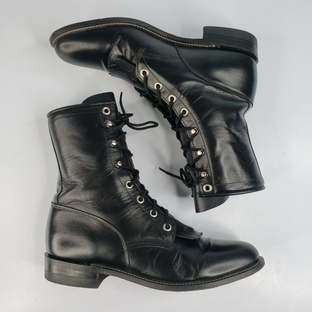 JUSTIN Lace up Roper Kiltie Womens Cowboy Boots Sz 8 B Style L506 Black Leather